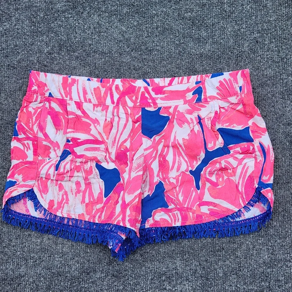 Lilly‎ Pulitzer XS Pink Blue Floral Rayon Shorts Fringe Tassel Trim Callahan